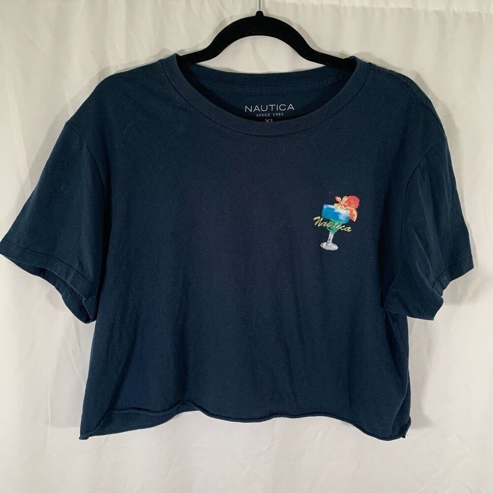 Nautica Crop Top Women's XL Navy Blue Coctail Happy Hour Short Sleeve